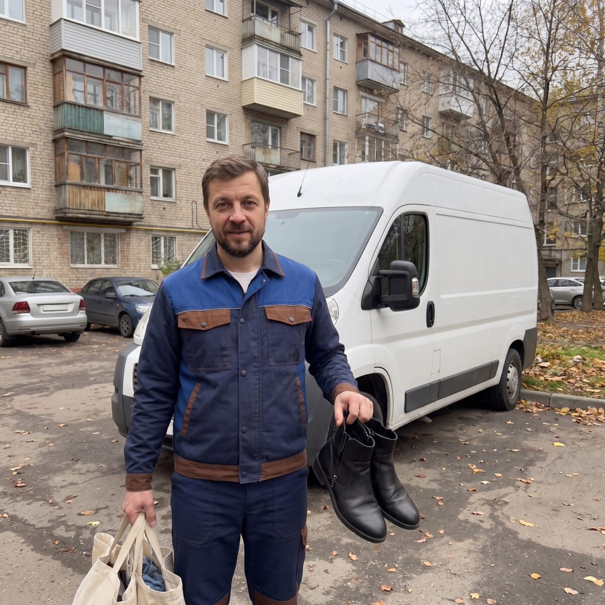 Курьер с чёрными сапогами возле автомобиля